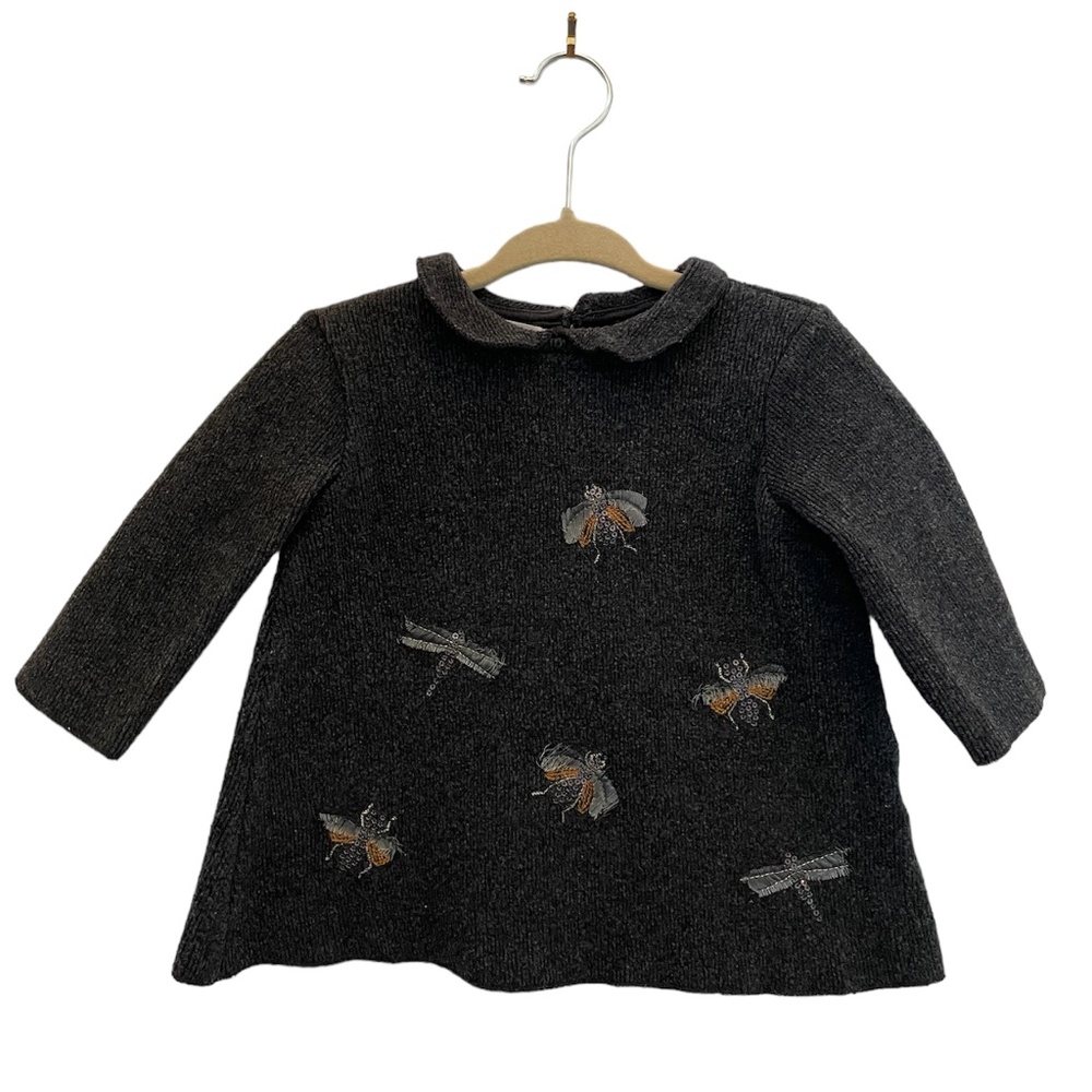 Zara Baby Girl Dark Gray Wool Blend Sequined Bug Sweater/Dress 12/18 Months